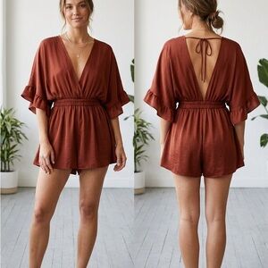 GLAM marrón Polyester Romper L V-Neck Ruffle Tie Waist Wide Leg